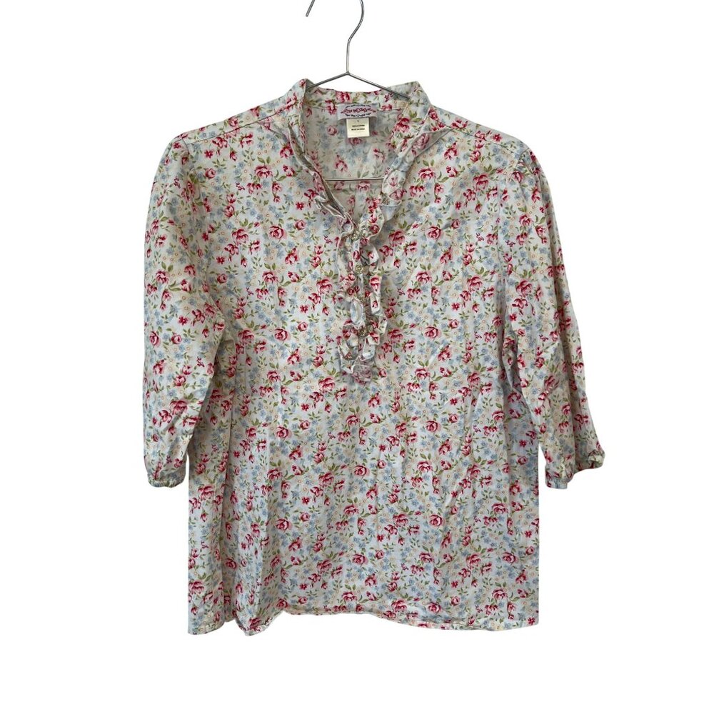 Lanz Of Salzburg Pajama Top Size Large Ruffle Floral 3/4 Sleeve Top Cotton Boho